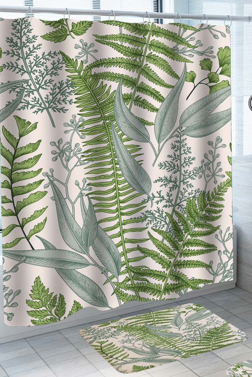 Green Shower Curtain with Leaf Branches