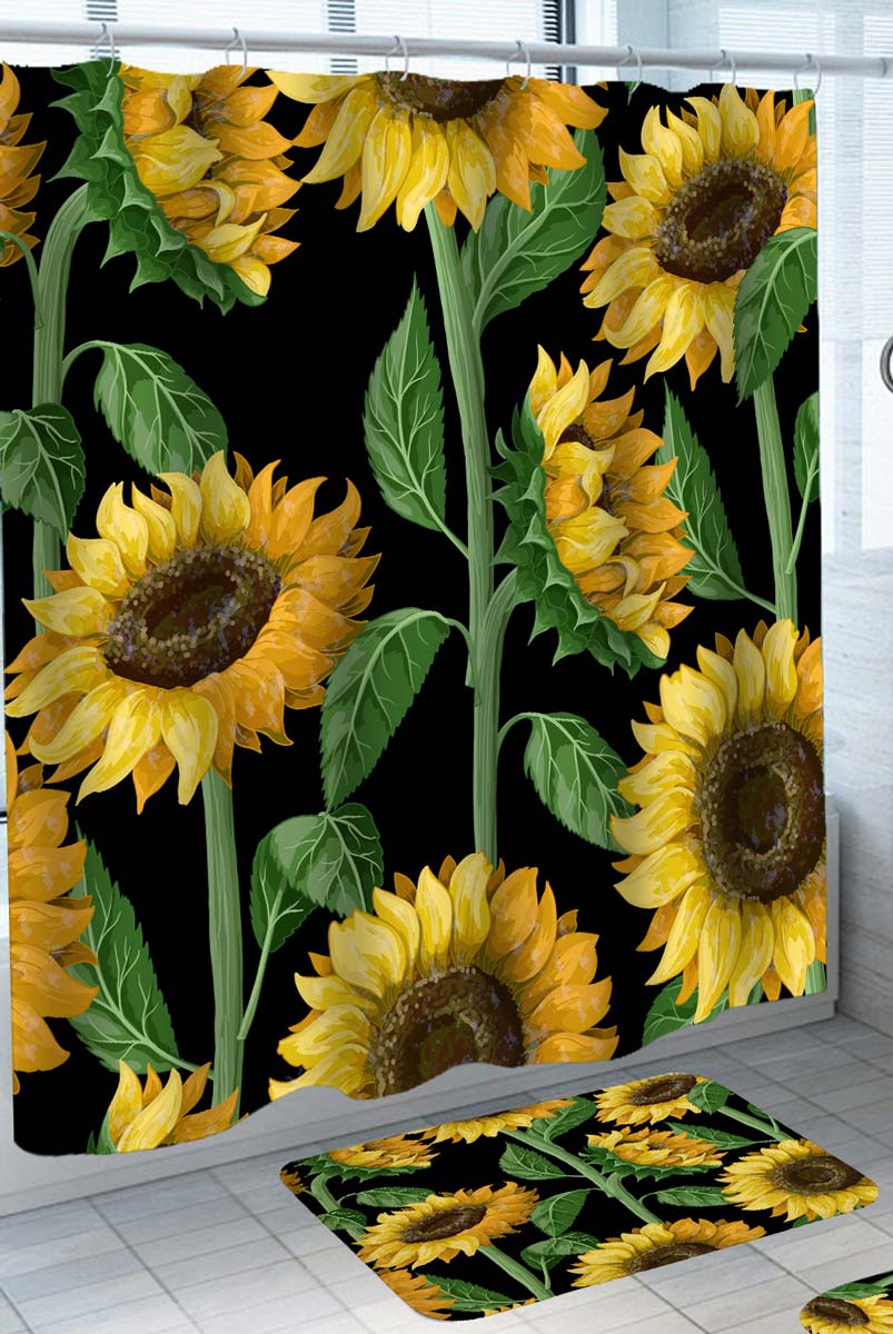 Green Stem Sunflowers Floor Mat and Shower Curtain