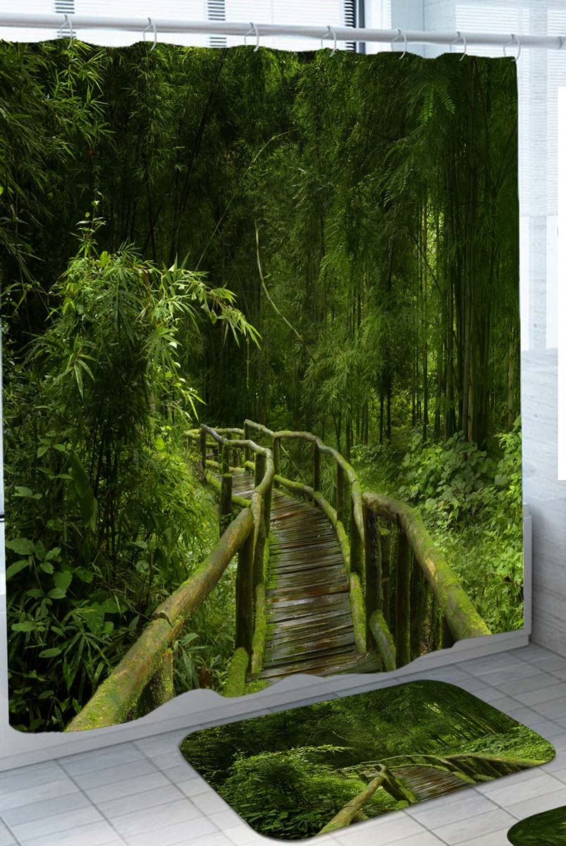 Green Thick Forest with Wooden Bridge Shower Curtain