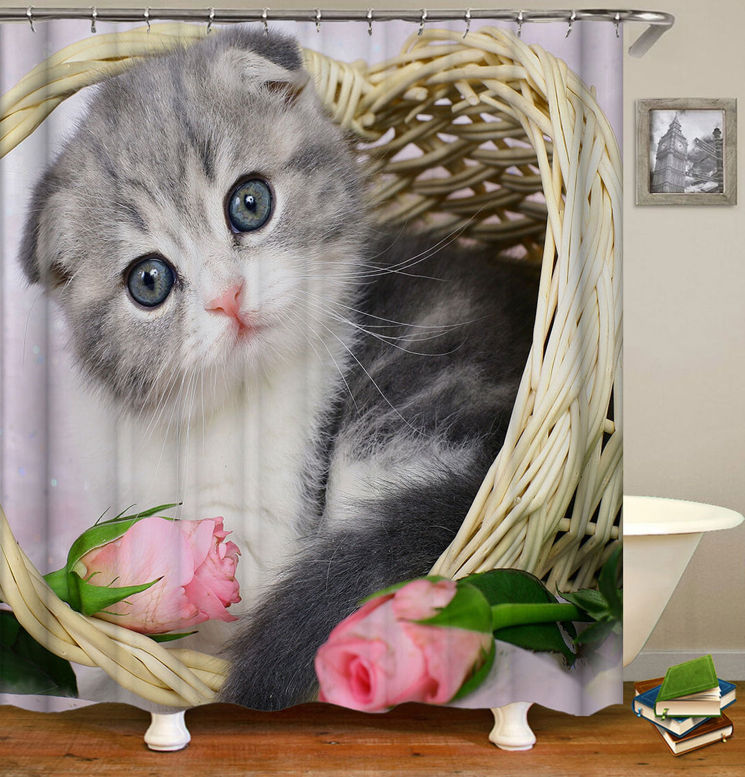 Grey Cat Baby Blue Eyes Kitten Shower Curtain