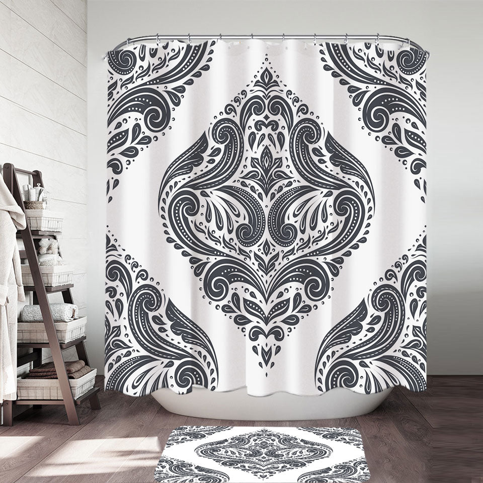 Grey Royal Floral Shower Curtains and Bathroom Rugs