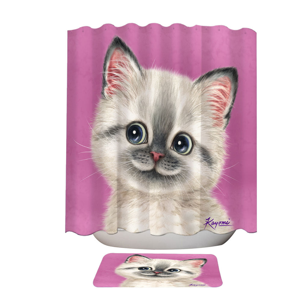 Greyish Kitty Cat over Pink Shower Curtains for Girls