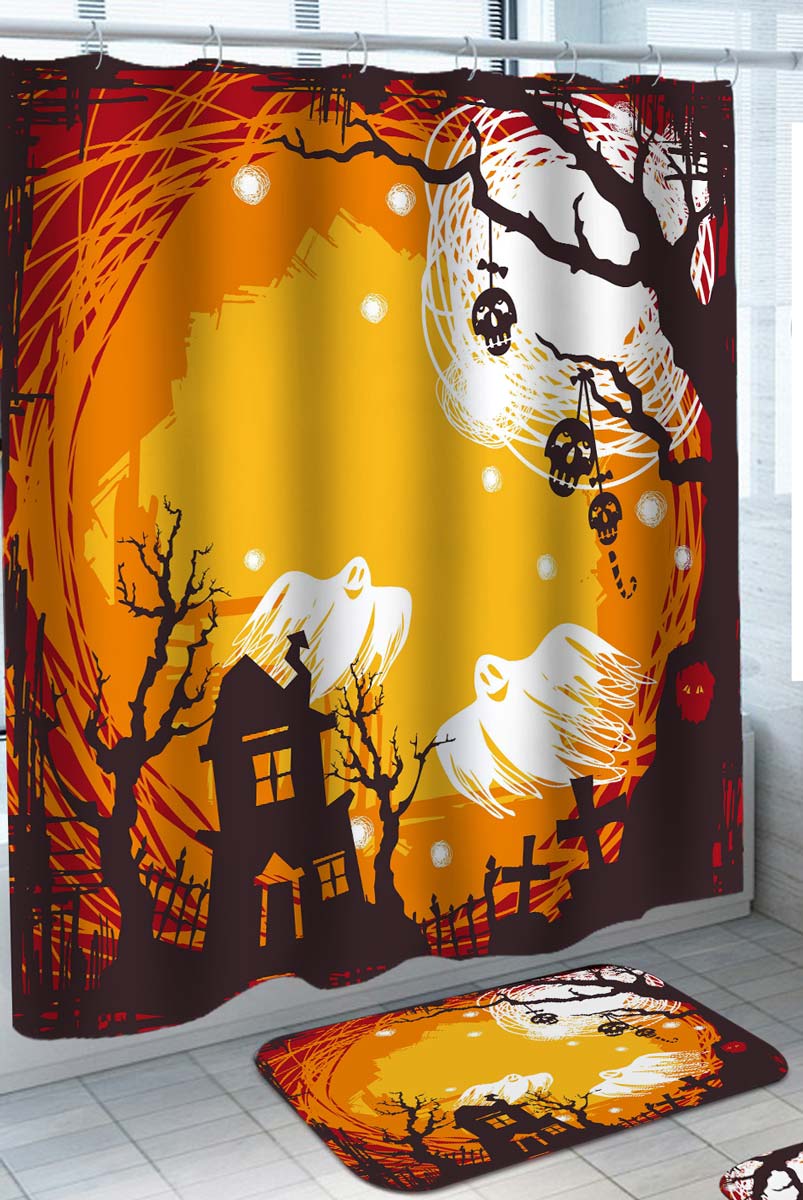 Halloween Design Shower Curtains of Ghosts and Haunted House