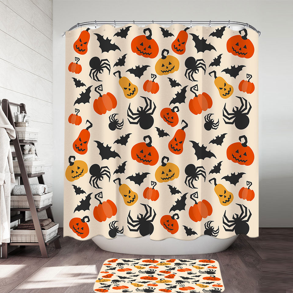 Halloween Shower Curtain Scary Pumpkins Bats and Spiders