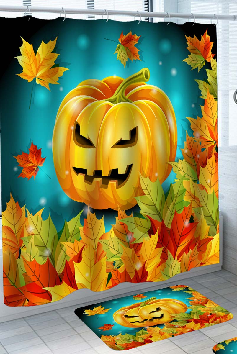 Halloween Shower Curtain of Scary Pumpkin with Autumn Fall Leaves