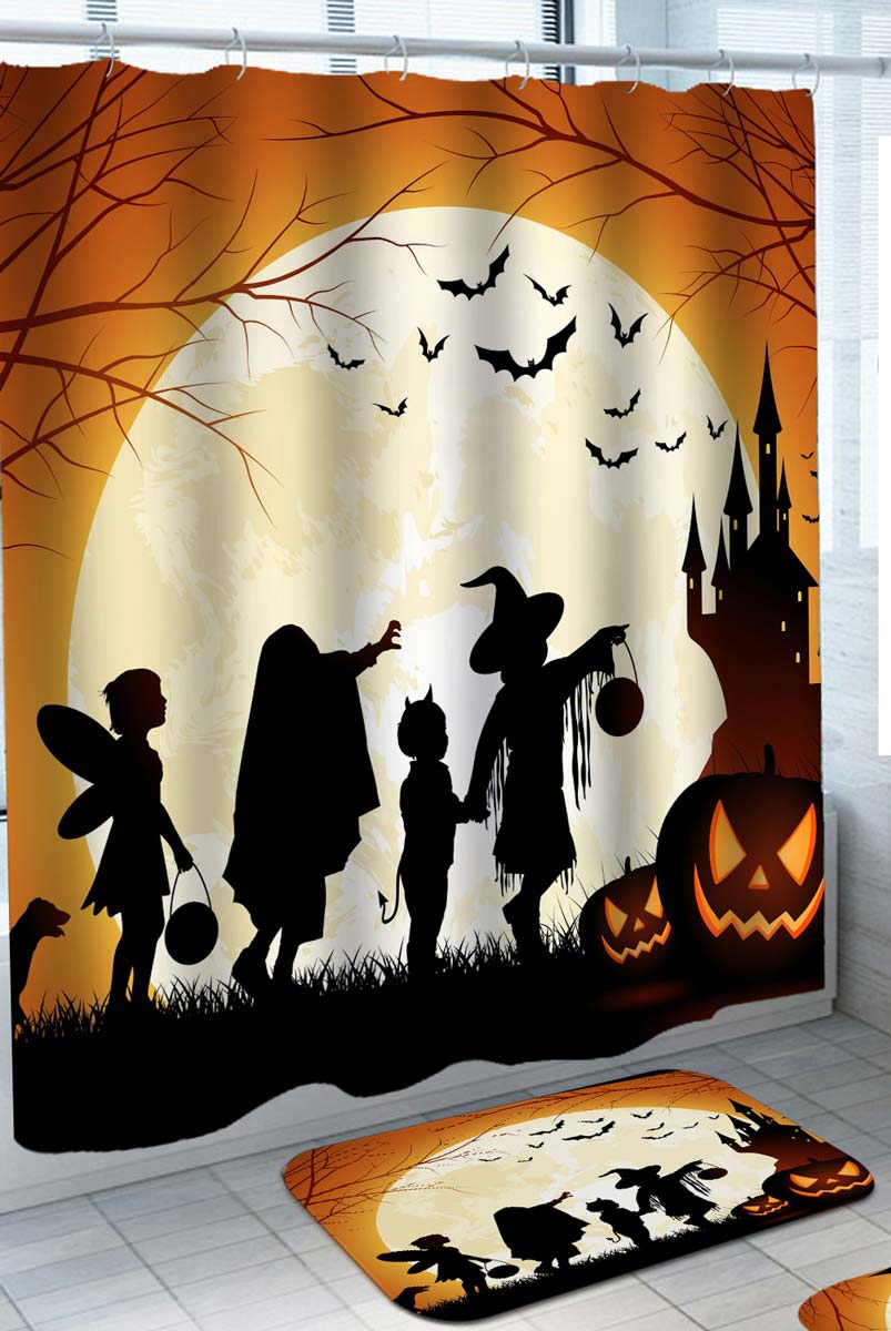 Halloween Shower Curtain with Kids Trick or Treating a Scary Castle