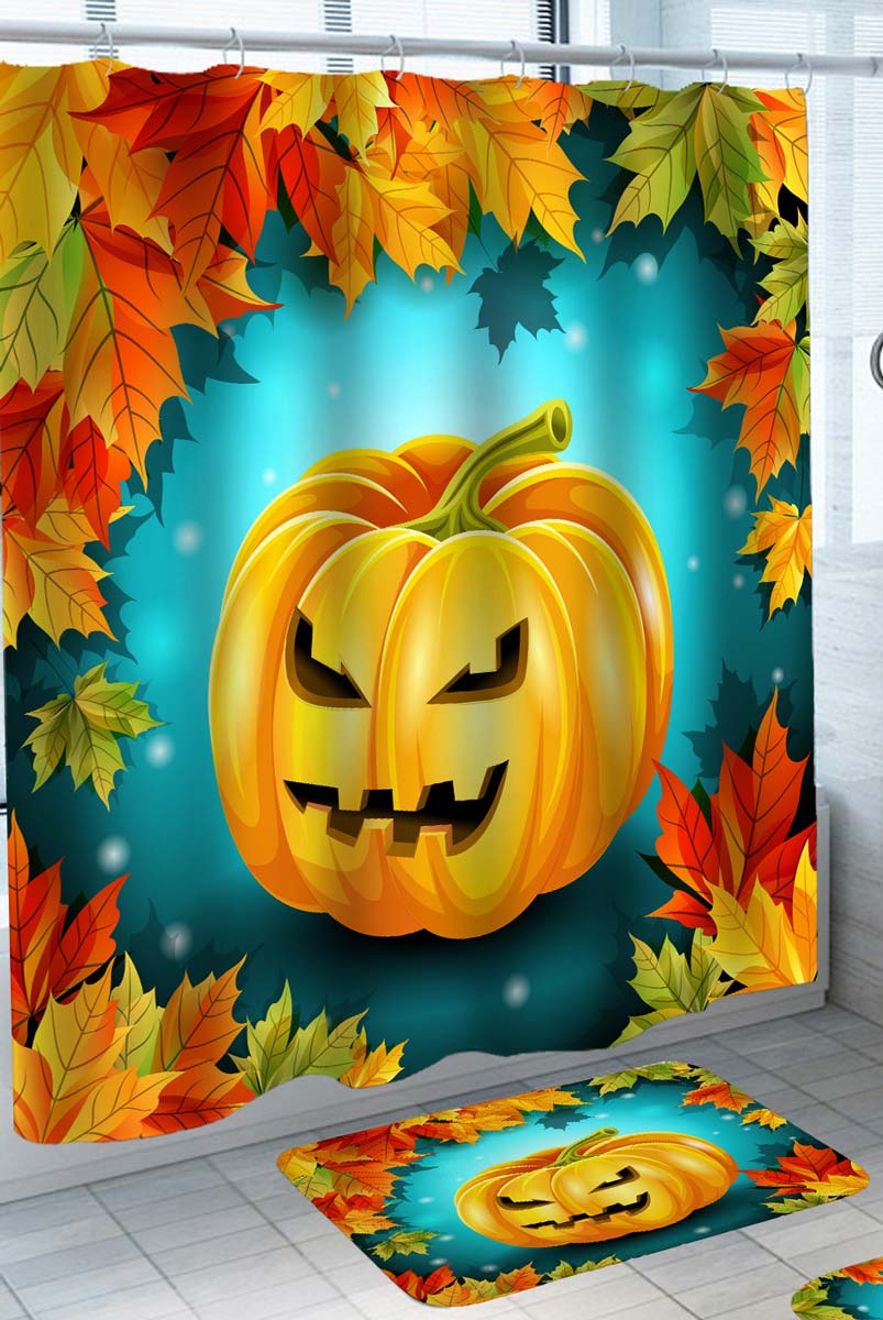 Halloween Shower Curtain with Spooky Pumpkin with Autumn Fall Leaves