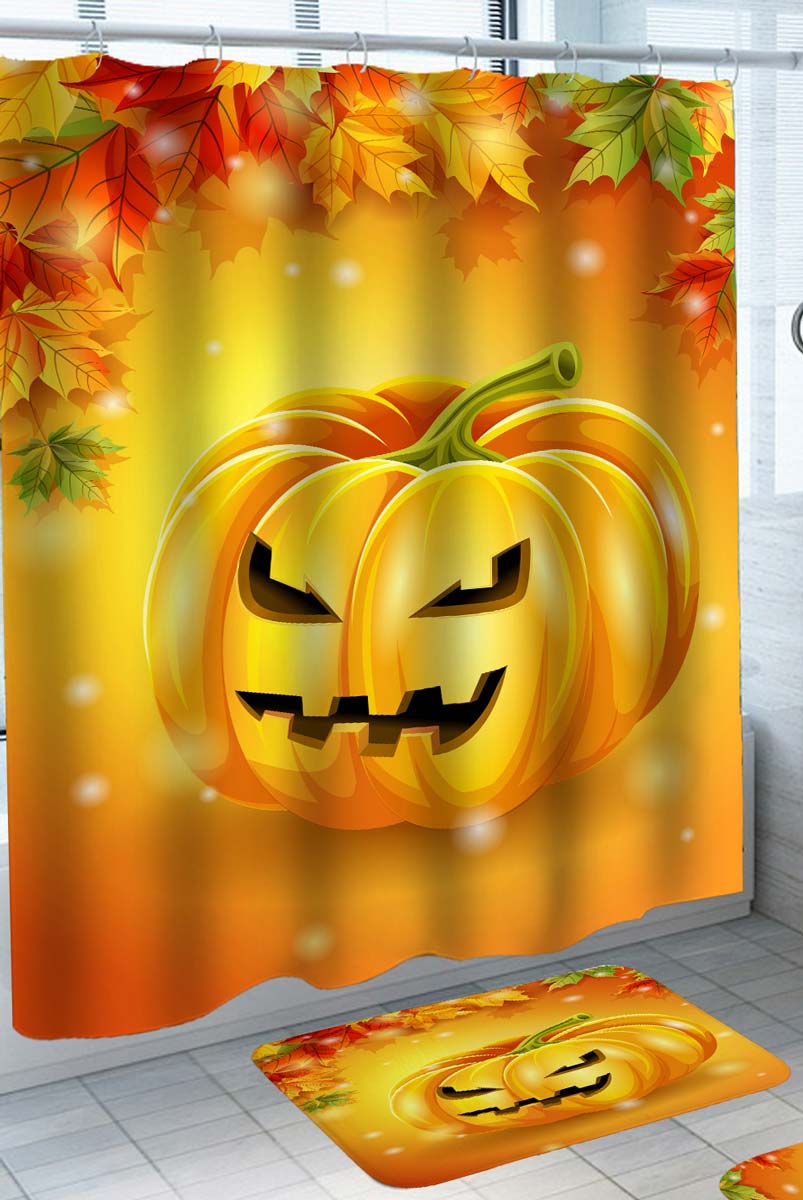 Halloween Shower Curtains of Spooky Pumpkin and Autumn Colored Leaves