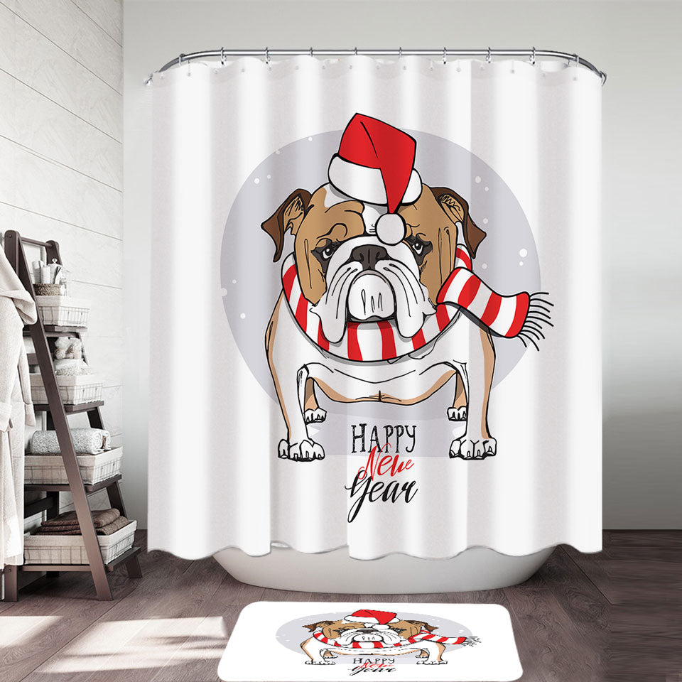 Happy New Year Funny Christmas Shower Curtain Tough Bulldog