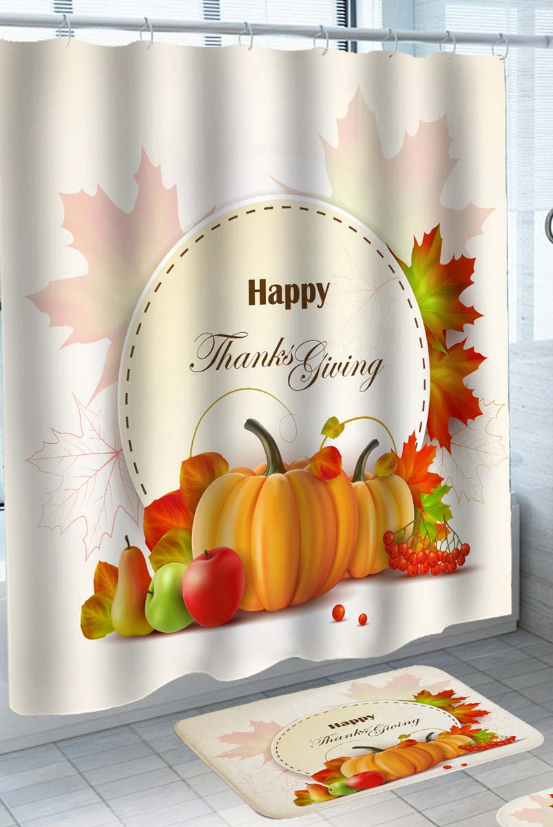 Happy Thanksgiving Shower Curtain Pumpkin and Autumn Leaves
