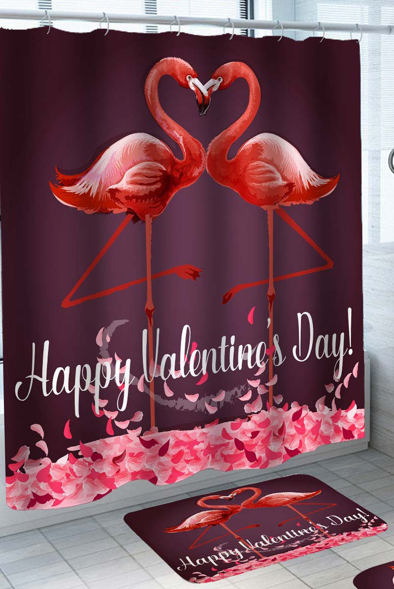 Happy Valentines Day Shower Curtain Heart Flamingos