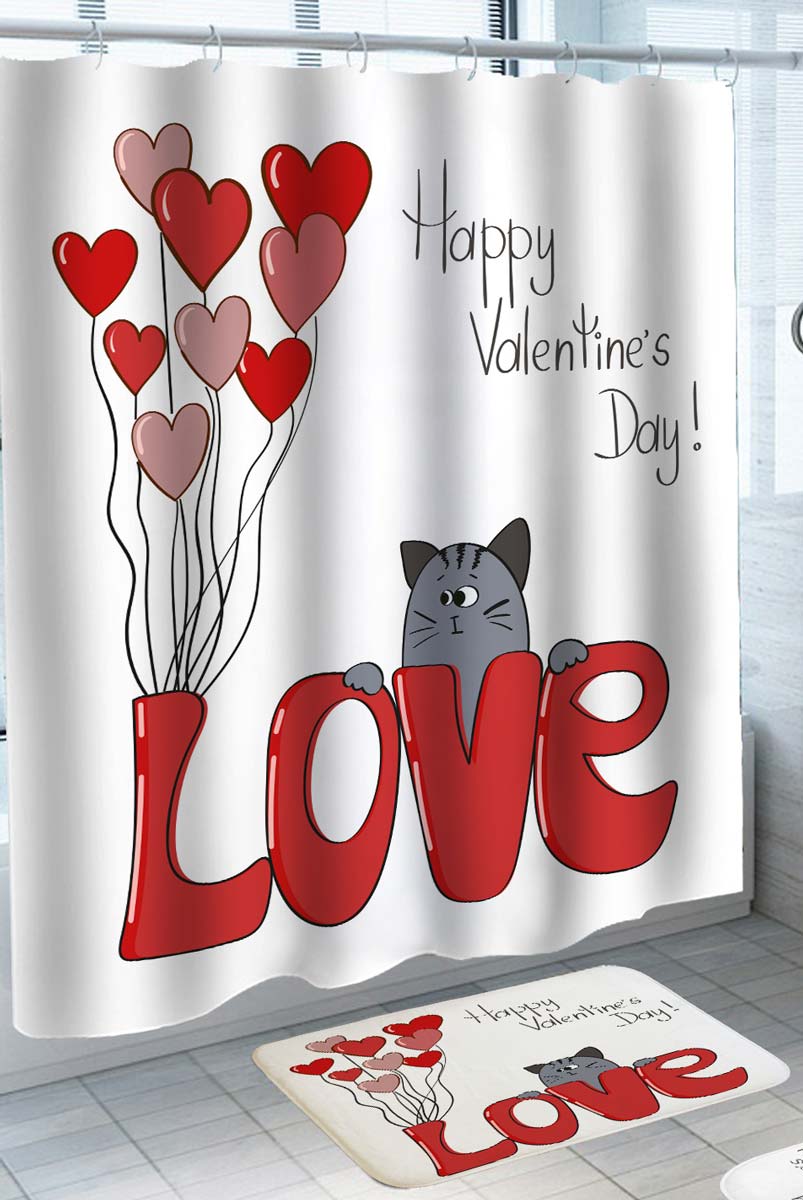 Happy Valentines Day Shower Curtain with Cat Love