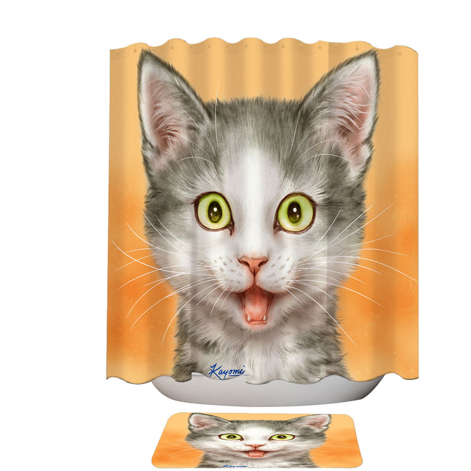 Happy and Joyful Grey Kitten over Orange Shower Curtain