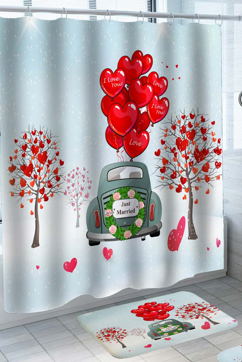 Heart Balloons and Trees Love Just Married Shower Curtain