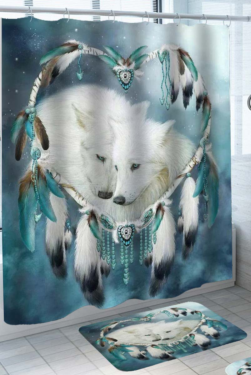 Heart Native American Shower Curtain Dream Catcher White Wolves