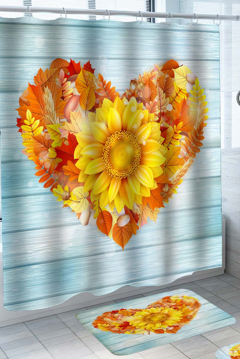 Heart Shape Fall Leaves and Sunflower Shower Curtain