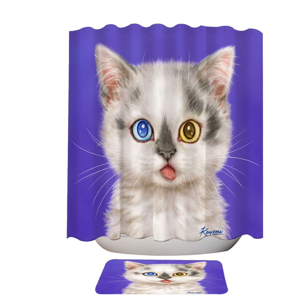 Heterochromia Eyes Shower Curtains White Grey Kitty Cat