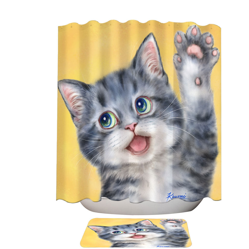 Hi Happy Shower Curtains Cute Grey Kitty Cat