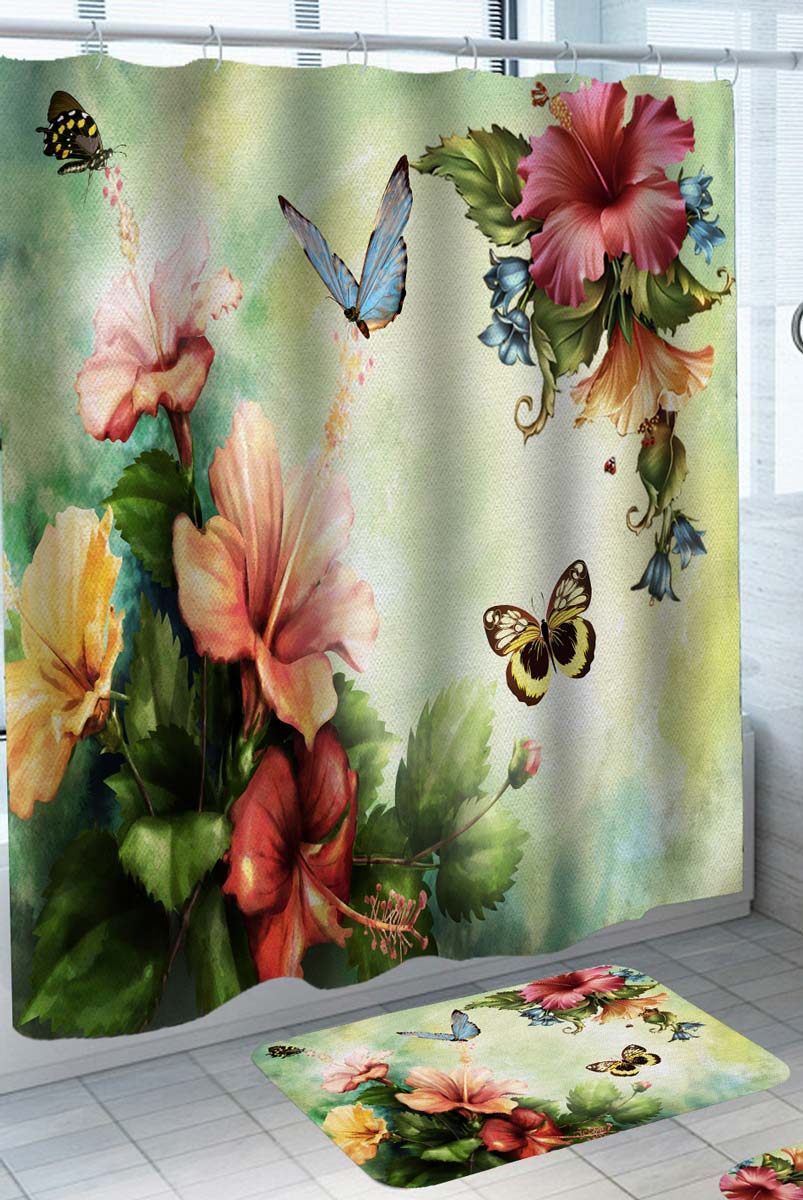 Hibiscus Shower Curtain with Flowers and Butterflies