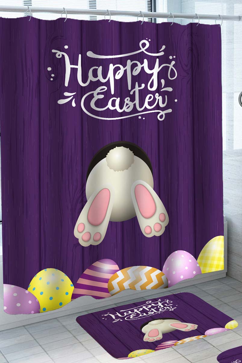Holiday Shower Curtains Funny Happy Easter Bunny in Purple