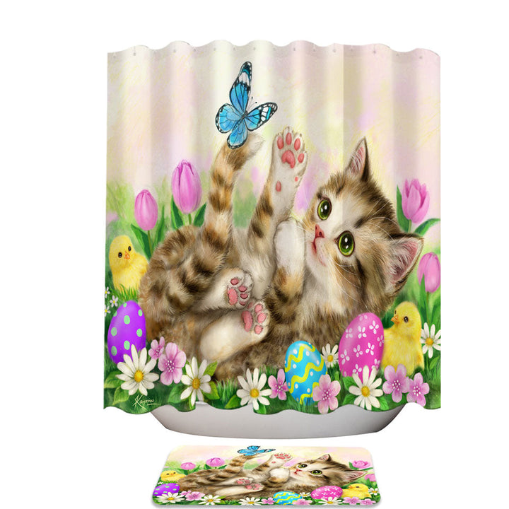 Holiday Shower Curtains Kitten and Chicks in the Easter Garden