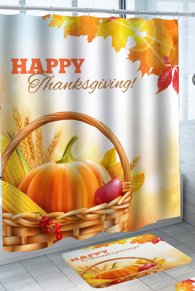 Holiday Shower Curtains Thanksgiving Basket and Autumn Leaves