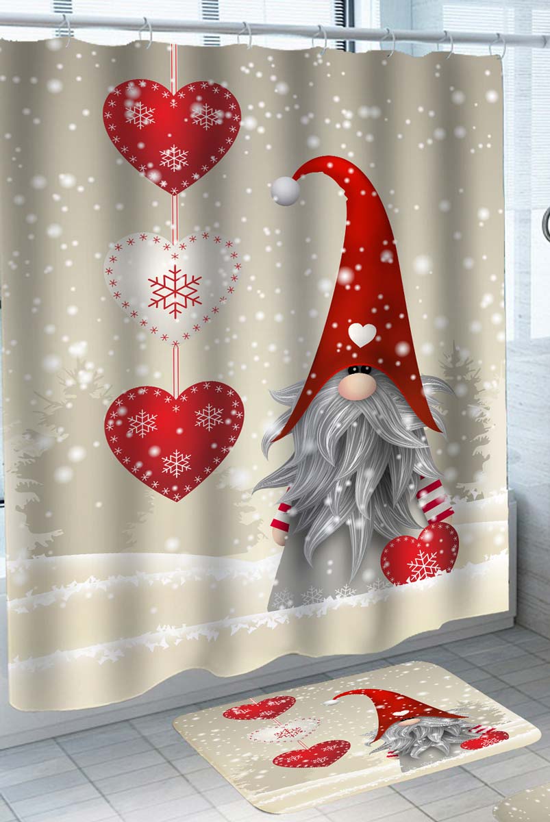 Holiday Shower Curtains White and Red Christmas Dwarf Gnome in the Snow Christmas Bathmat