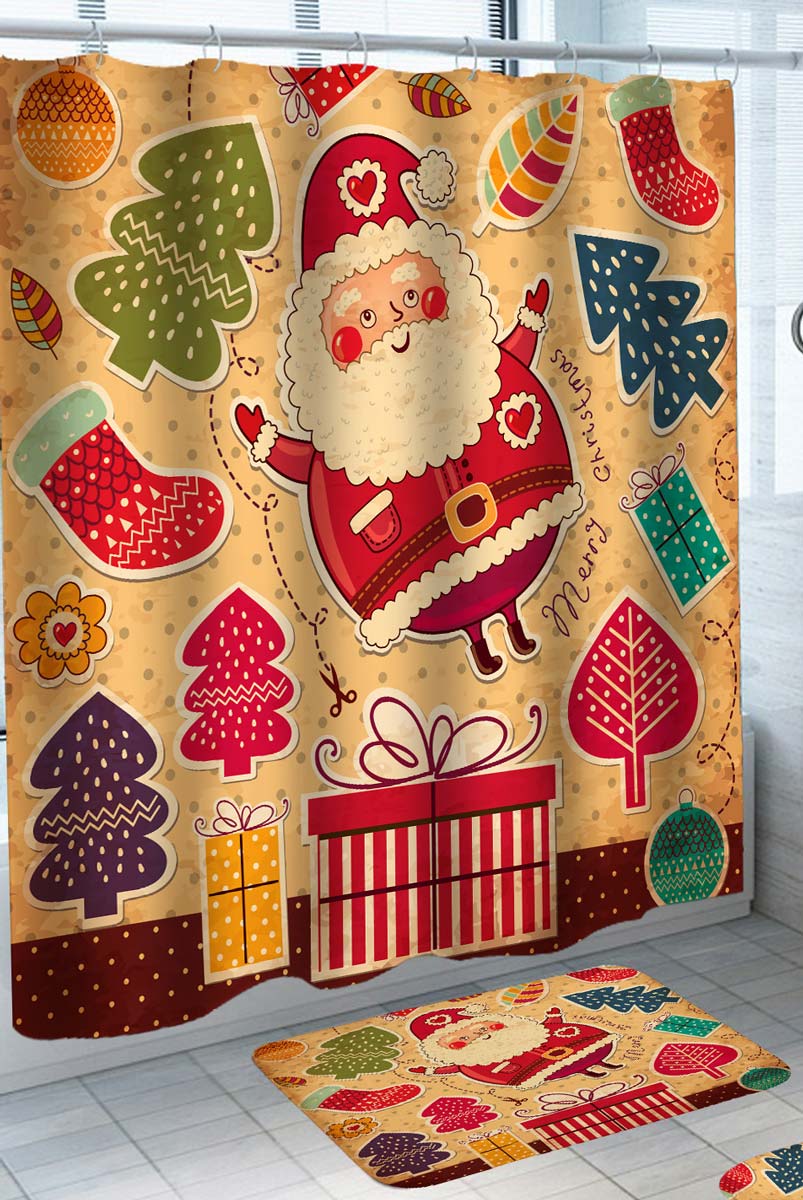 Holiday Shower Curtains of Santa Claus Trees and Christmas Presents