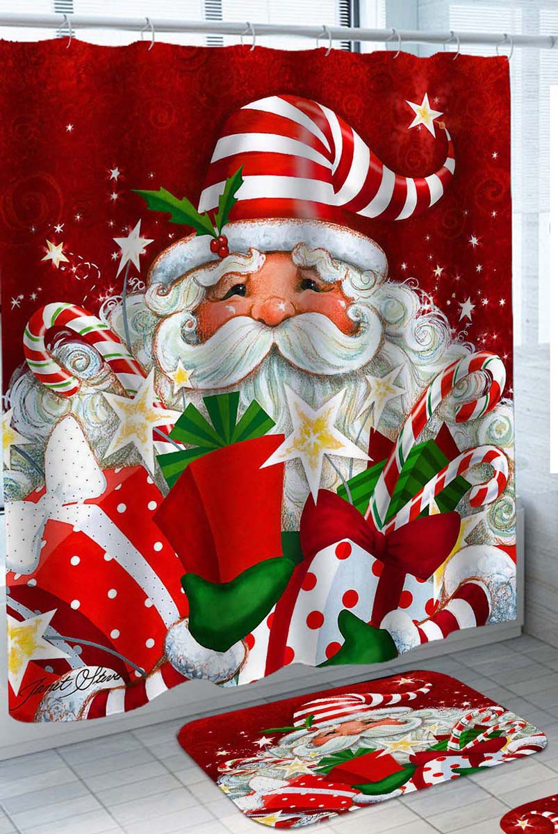 Holiday Shower Curtains with Vintage Santa Claus with Christmas Presents