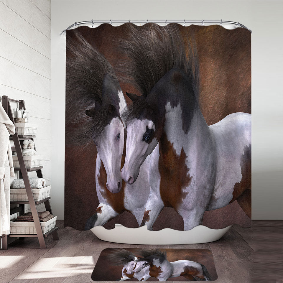Horse Art Inexpensive Shower Curtains Two Young White Brown Pinto Horses