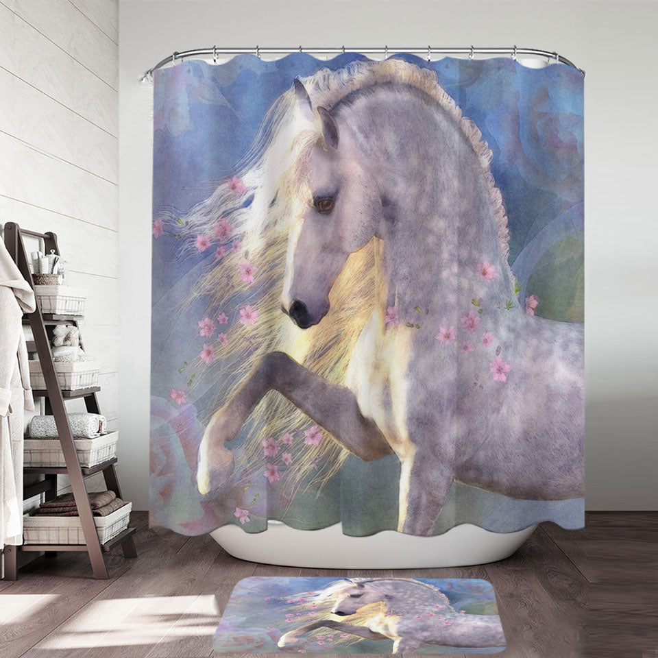 Horse Fabric Shower Curtains Art Beautiful Pink Flowery White Horse