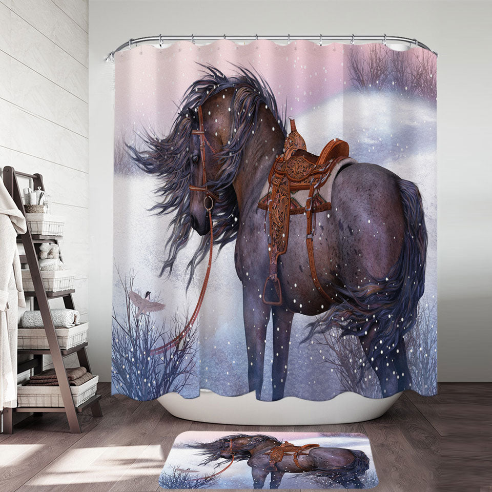 Horses Shower Curtains Art Honorable Brown Horse in Winter Snow