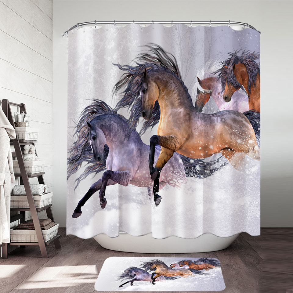 Horses Shower Curtains Winters Flight Snow Running Wild Horses