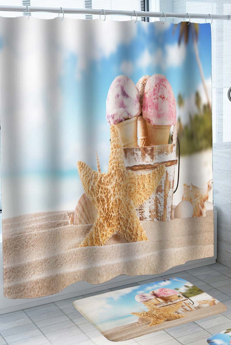 Ice Cream Shower Curtain with Beach and Starfish
