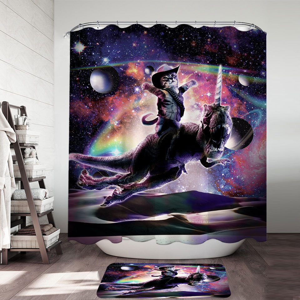 Inexpensive Shower Curtains with Cool Cute and Funny Space Cowboy Cat Riding Dinosaur Unicorn