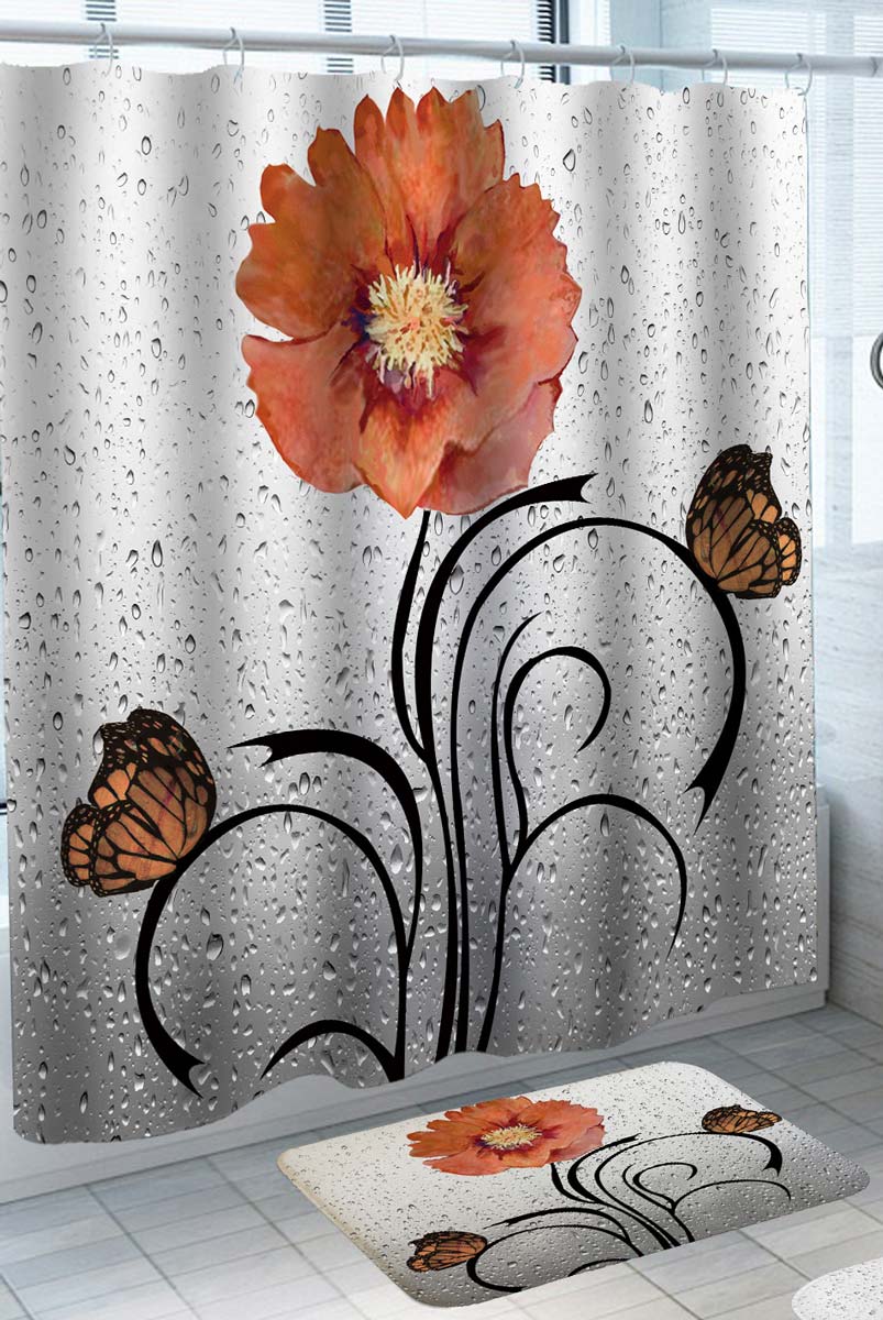 Inexpensive Shower Curtains  with Red Orange and Butterflies over Rainy Glass