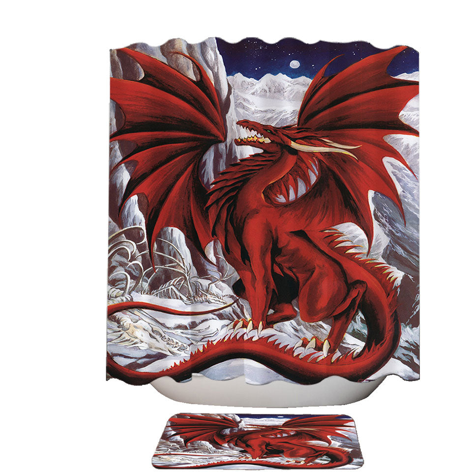 Inferno Red Dragon Drawing in the Mountains Shower Curtain