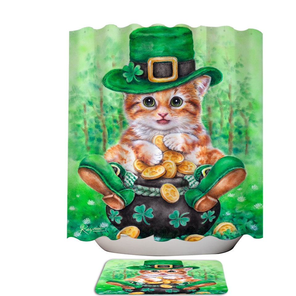 Irish Shower Curtains Funny Cats Irish Green Leprechaun Ginger Kitten