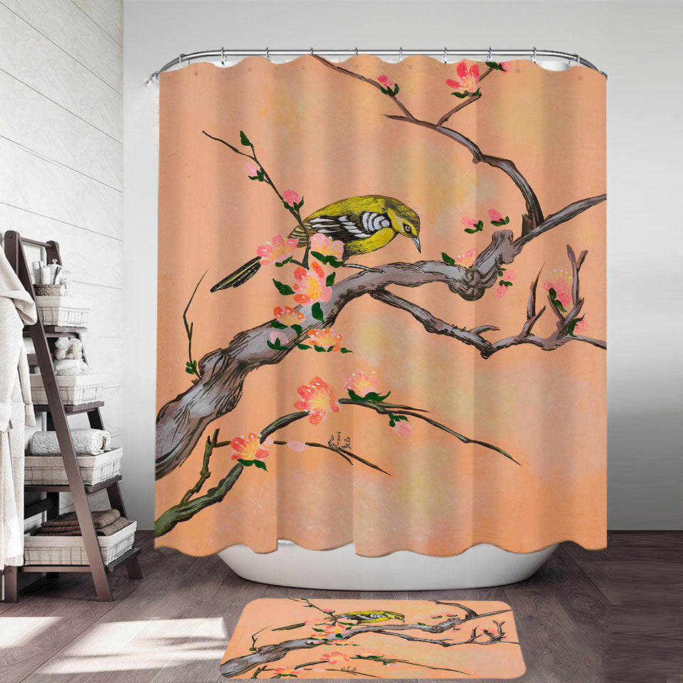 Japanese Art Painting Bird in Cherry Tree Shower Curtain