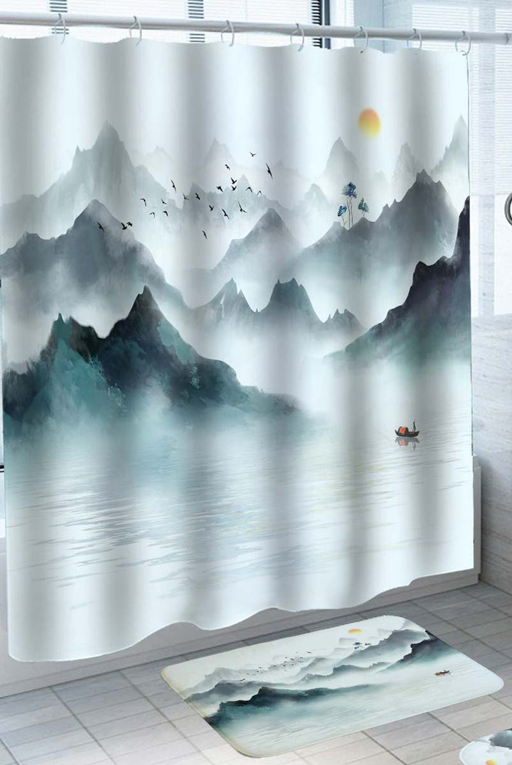 Japanese Art Shower Curtain Nature Mountains by the Lake