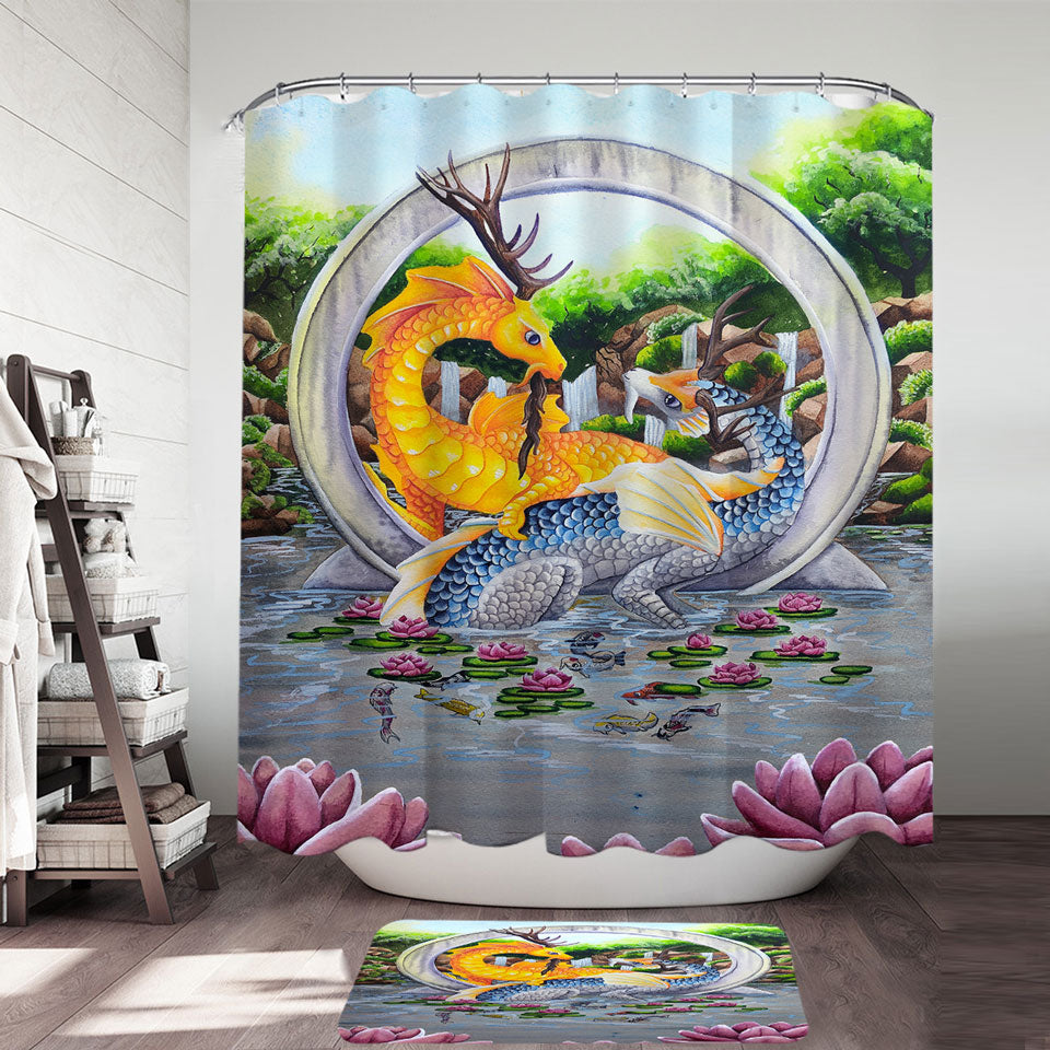 Japanese Art Shower Curtains Water Lilies Garden Unity Koi Dragons