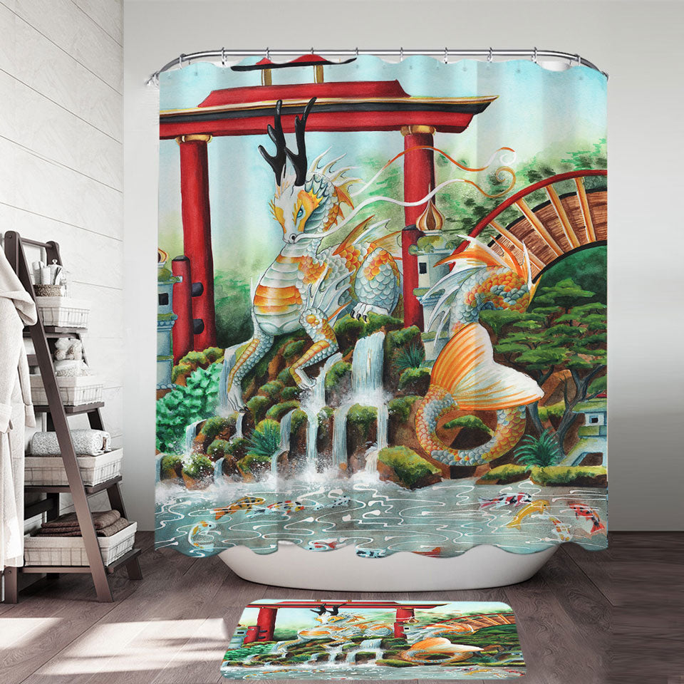 Japanese Garden Shower Curtains Koi Fish and Dragon