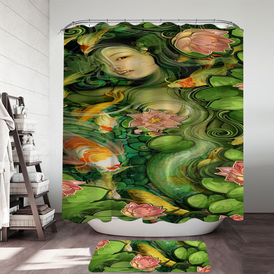 Japanese Koi Water Lilies and Beautiful Girl Shower Curtain