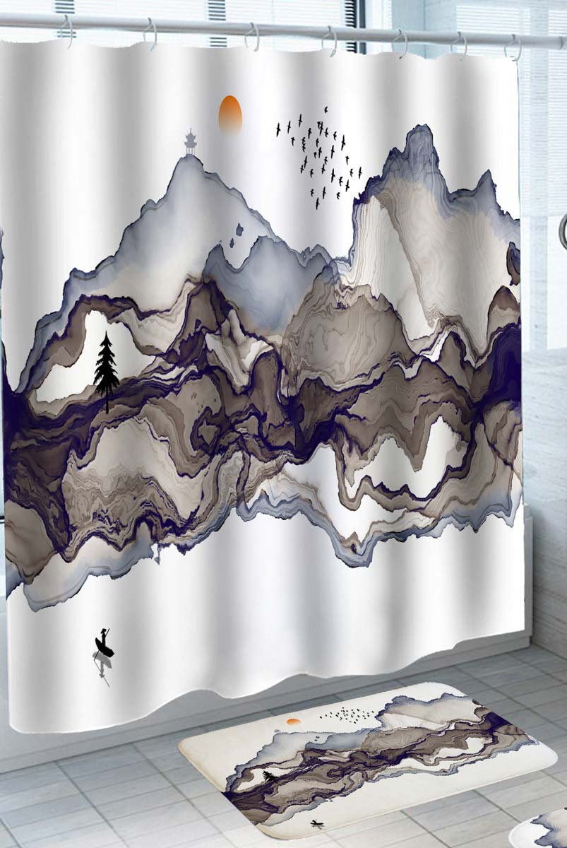 Japanese Shower Curtain Artwork Mountain Range by the Lake