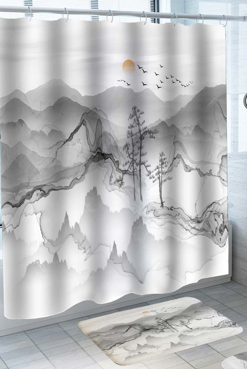Japanese Shower Curtains Drawing Sunny Mountains