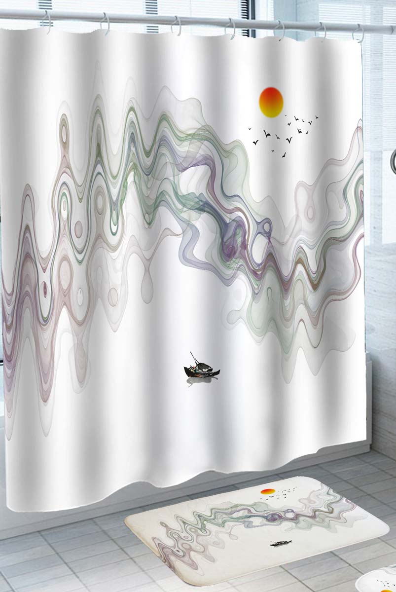 Japanese Shower Curtains with Artistic Painting Lake Mountain Range