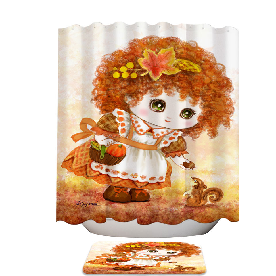 Kids Pretty Shower Curtains Drawings Autumn Orange Girl and Squirrel