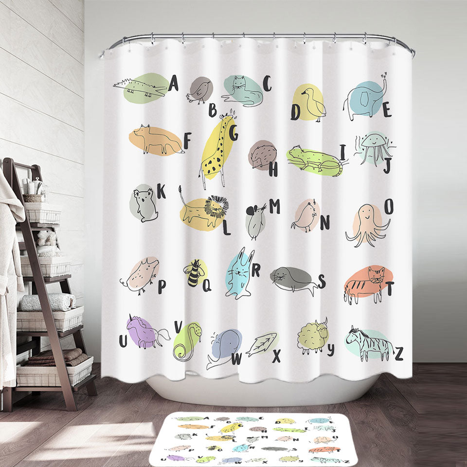 Kids Shower Curtain Alphabet Animals Drawings