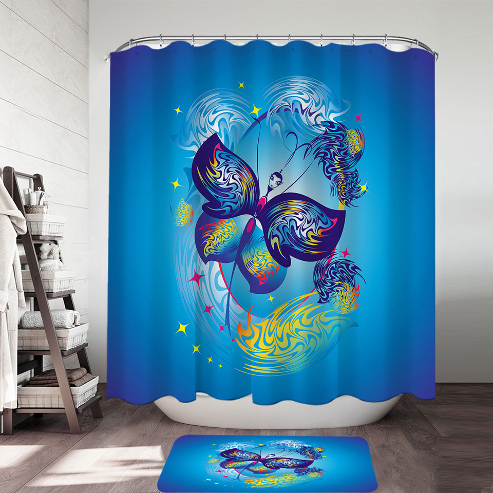 Kids Shower Curtains Blue Fairy Tale Butterfly Character