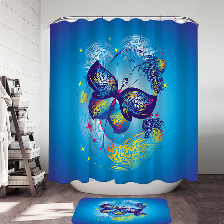 Kids Shower Curtains Blue Fairy Tale Butterfly Character